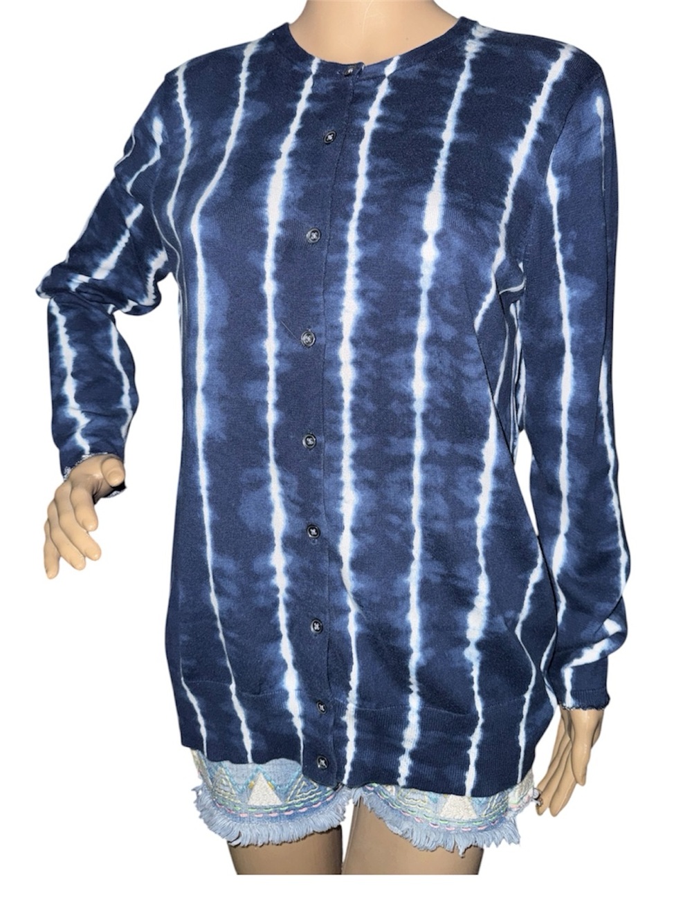 Lands' End Navy White Vertical Tie-Dye Button light sweater Cardigan 100% Cotton